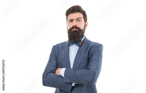 Office life concept. He knows who is boss here. Bearded man confident posture isolated white. Hipster with beard formal suit office worker.Businessman formal suit. Modern businessman ofiice worker