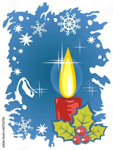 Stylized christmas candle and holly berry on a  blue background.