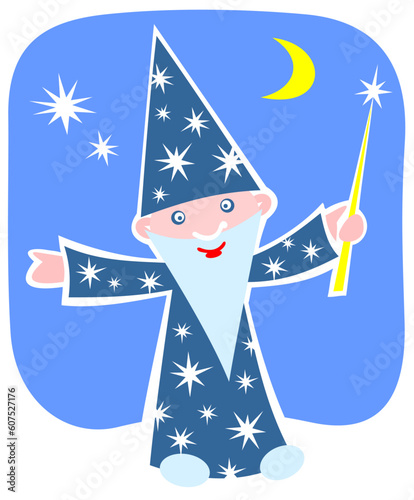 Cartoon happy astrologer on a night sky background.