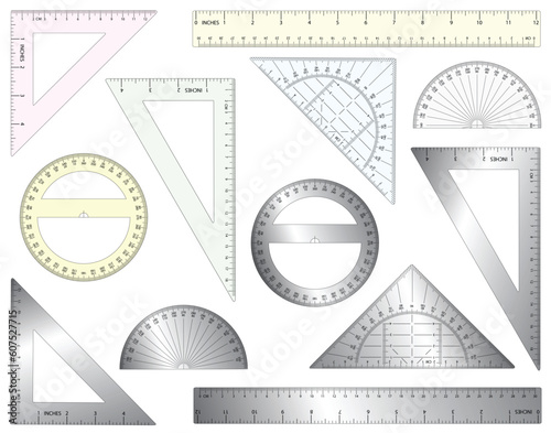 Set of editable vector rulers, set squares and protractors in plastic and metal