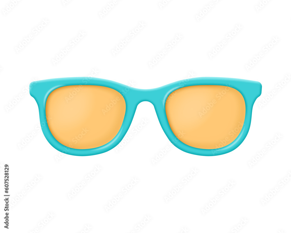 3d sunglasses vector icon. Render blue sunglasses with yellow lens optic for summer beach, tourism, travel, vacation, holiday concept. 3d rendering realistic plastic glasses cartoon illustration