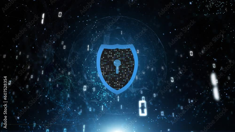 Digital lock shield and sphere with binary data on dark blue cyberspace ...