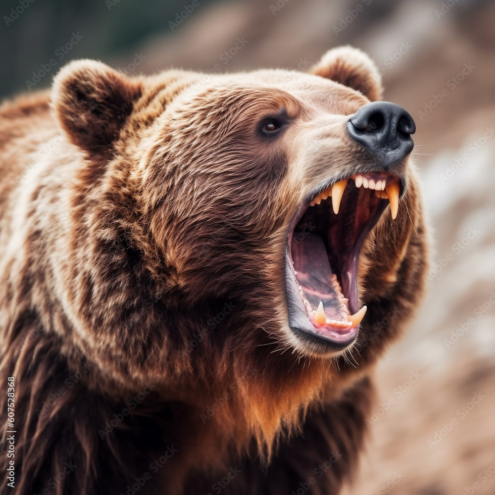 Obraz premium Furious Brown Bear with Bared Teeth in the Wilderness, generative AI