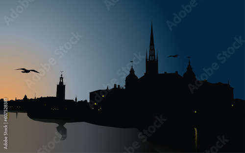 Silhouette of Stockholm, The City Hall, Riddarholm cathedral. Sweden
