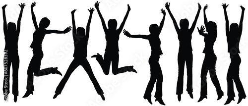Set of editable vector silhouettes of jumping women