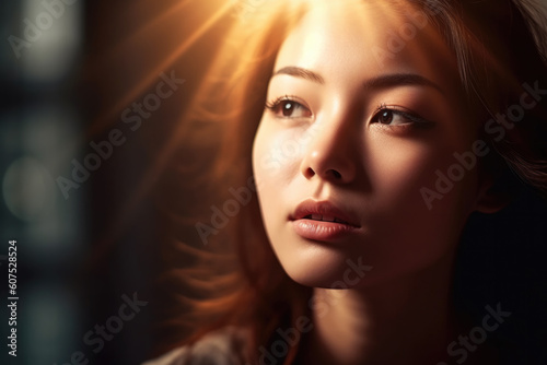 Closeup portrait of a pretty young Asian woman. Composite with different elements made with generative AI