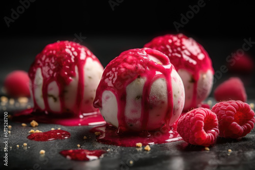 Scoops of cream ice cream with raspberry sauce. Composite with different elements made with generative AI