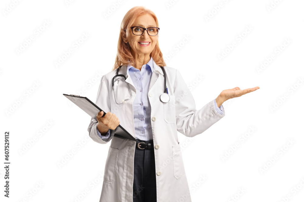 Female doctor smiling and holding something on hand Female doctor smiling and holding something on hand