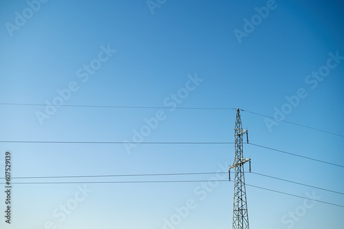 Wires and power pole against a cloudless blue sky