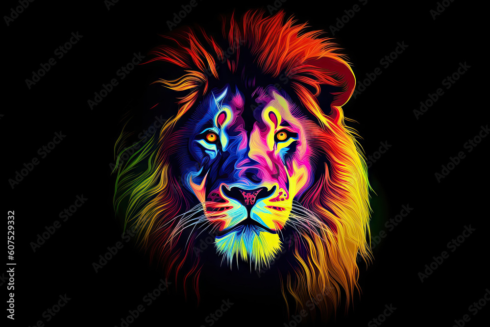 Illustration of a lion in a variety of vibrant colors in a modern style. Generative AI.