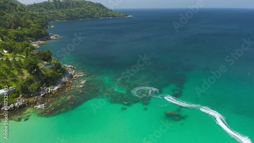 Wallpaper Mural Tropical coast with turquoise sea with stone mountain hill. Aerial view of Kata beach, Phuket, Thailand. Torontodigital.ca