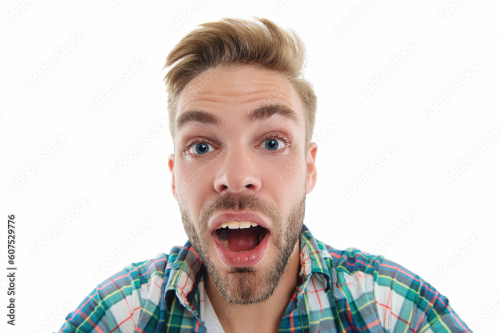photo of shocked selfie man wearing checkered shirt. selfie man isolated on white. photo of shocked selfie man wearing checkered shirt. selfie man isolated on white.