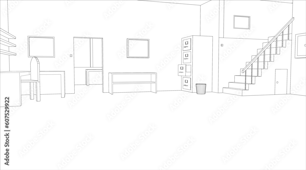 Editable vector outline sketch of an empty office interior Editable vector outline sketch of an empty office interior