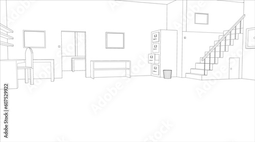 Editable vector outline sketch of an empty office interior