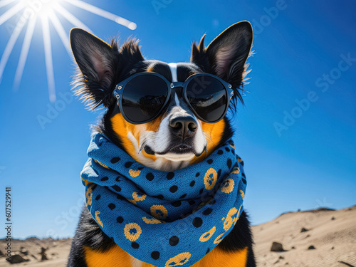 A comical dog wearing sunglasses and a scarf around its neck stands against the backdrop of a desert. Generative AI, AI. © Sebastian