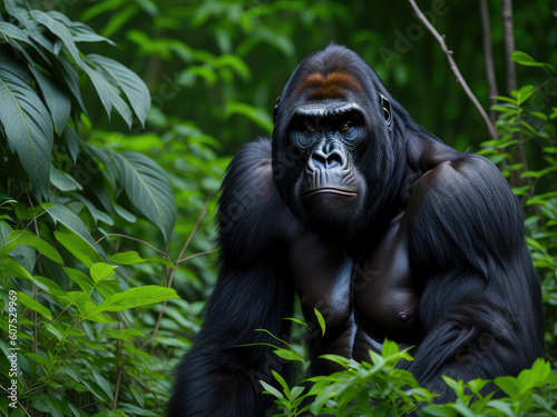 A majestic gorilla in its natural habitat  surrounded by lush greenery in the heart of the forest. Generative AI  AI.