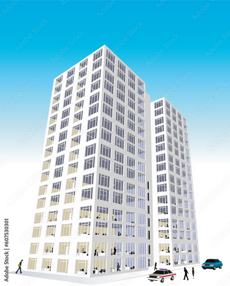 Skyscraper / Office Block in vector format. Every feature of each building including doors and windows can be edited or colored to suit.