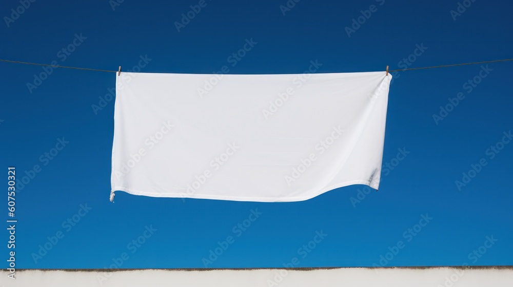 white waving flag against a blue sky with clouds. Generative AI white waving flag against a blue sky with clouds. Generative AI