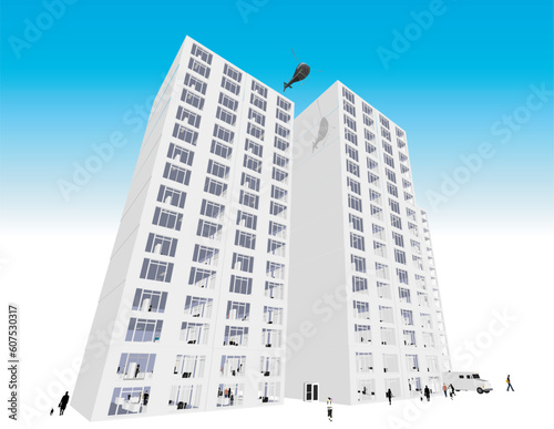 Skyscraper / Office Block / Campus in vector format. Every feature of each building including doors and windows can be edited or colored to suit.