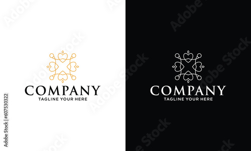 Line art floral heart logo with leaves. Elegant family mental health care, clinic, natural love, jewelry, accessories, beauty logo. Simple warmth, welcoming, kindness, wellness icon.