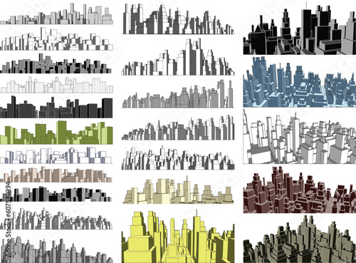 Set of editable vector simple 3-dimensional city skylines