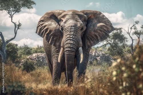 In the vast savanna, a majestic elephant stands tall in its natural habitat. The powerful creature exudes strength and grace Generative Ai, Ai.
