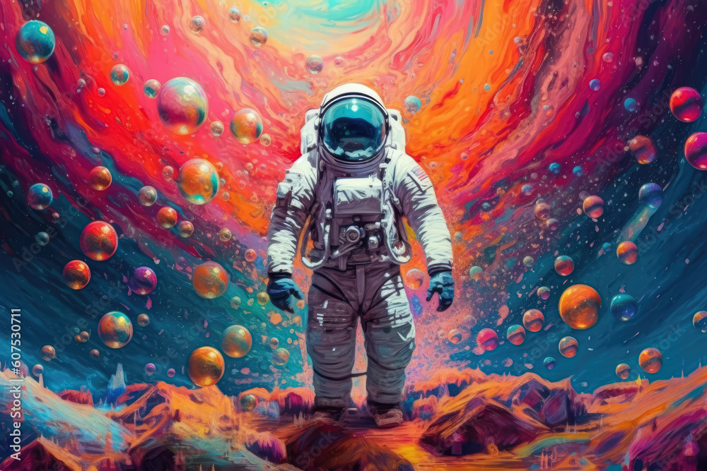 An astronaut in vibrant rainbow colors against a backdrop of a planet, creating a whimsical atmosphere. Generative Ai, Ai.