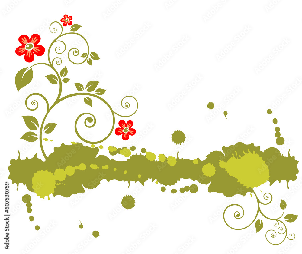 Ornate stylized flowers with green grunge pattern on a white background. Ornate stylized flowers with green grunge pattern on a white background.