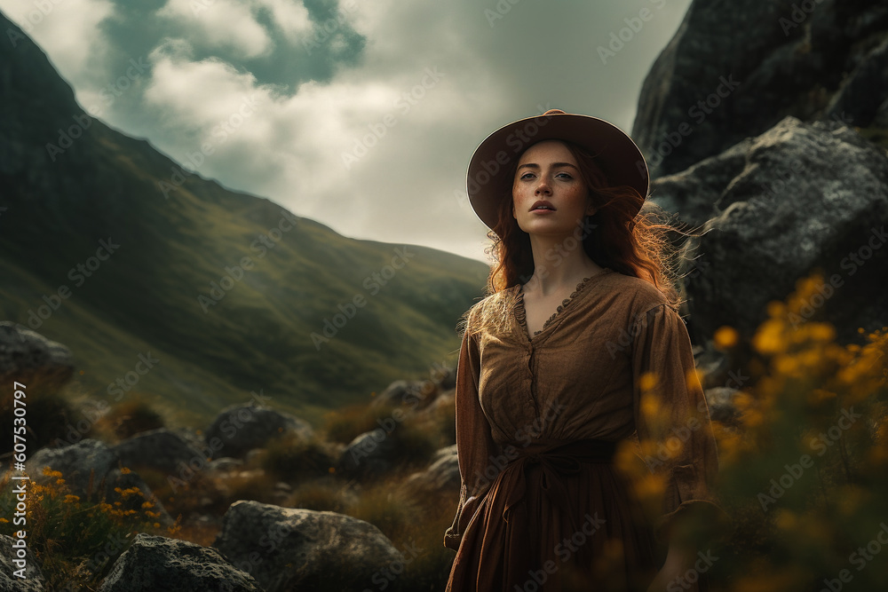 A woman wearing a hat during a mountain hike, generative AI illustration A woman wearing a hat during a mountain hike, generative AI illustration