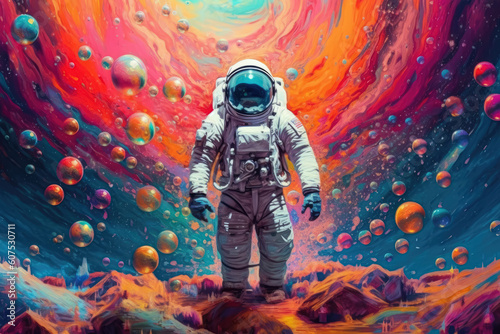 An astronaut in vibrant rainbow colors against a backdrop of a planet, creating a whimsical atmosphere. Generative Ai, Ai. © Sebastian