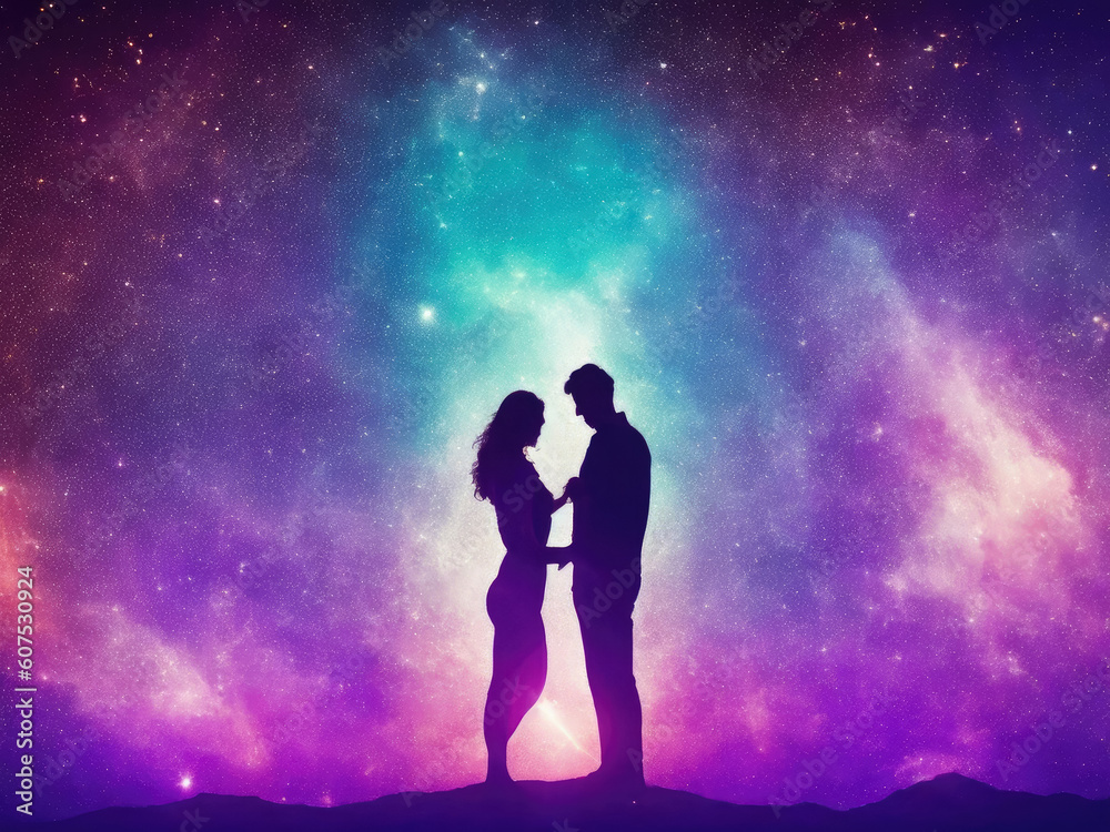 A couple against the backdrop of a colorful starry sky. Generative Ai, Ai. A couple against the backdrop of a colorful starry sky. Generative Ai, Ai.