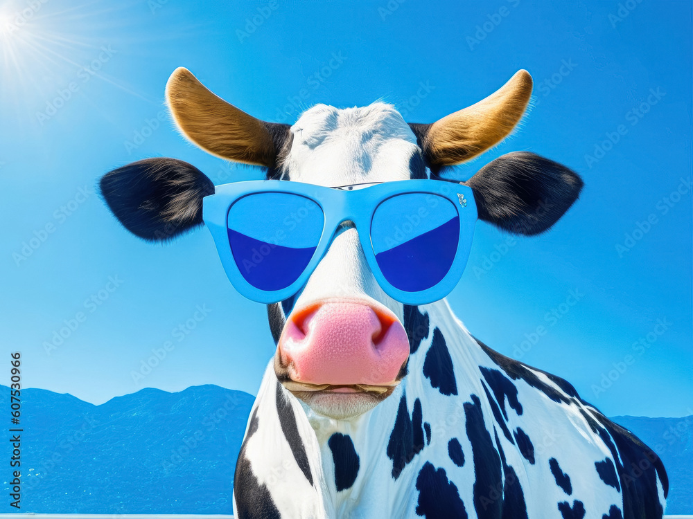 A cow against the backdrop of the sky wearing blue sunglasses. Generative Ai, Ai.