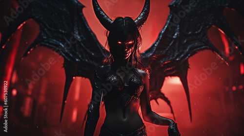 A winged succubus demon with horns and glowing eyes, generative AI illustration