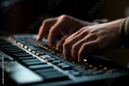 Close-up of male hands writing on a laptop. working on a modern wireless laptop .the concept of professional use of applications .Generative AI