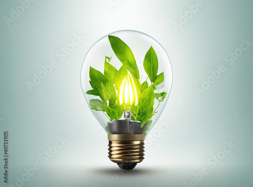 An illustrative representation of a lightbulb with a plant inside, symbolizing the concept of environmental conservation. Generative Ai, Ai.