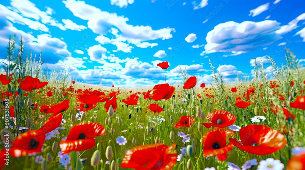 Summer Red Poppy in Grass Field Landscape Blue Sky White Clouds Panorama. AI generative