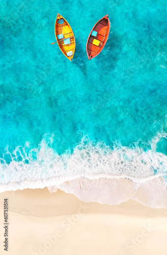 Aerial View of Sandy Tropical Beach and Ocean with Yellow and Red Boats Floating on Turquoise Water. AI generative. Summer Poster Background.