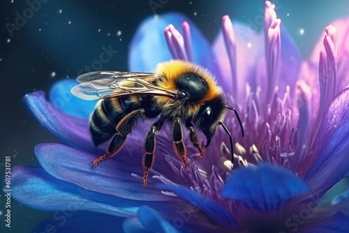 Against the backdrop of vibrant blue petals, a bumblebee gracefully alights on a flower, drawn to its sweet nectar. The contrasting colors create a visually striking scene. Generative Ai, Ai. © Sebastian