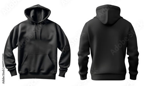 Set of Black front and back view tee hoodie hoody sweatshirt on transparent background cutout, PNG file. Mockup template for artwork graphic design