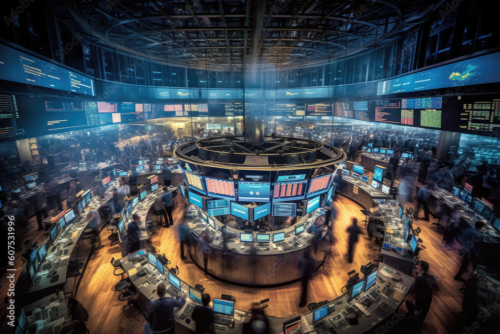 The interior of a room in a brokerage or securities building, showcasing the bustling atmosphere of the stock market and investment in securities. Generative Ai, Ai.