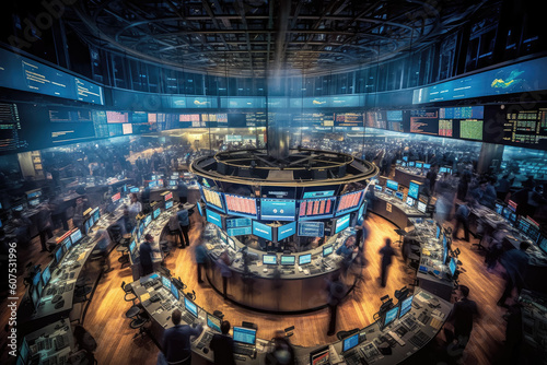 The interior of a room in a brokerage or securities building, showcasing the bustling atmosphere of the stock market and investment in securities. Generative Ai, Ai.