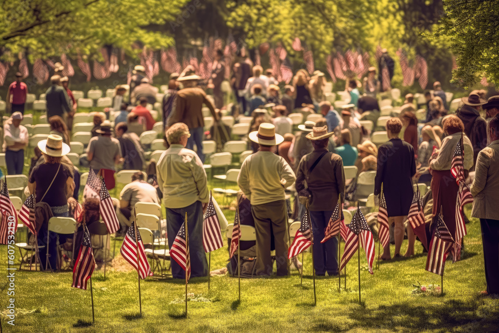 custom made wallpaper toronto digitalPeople sitting among USA flags during Memorial Day, honoring and remembering the fallen heroes. Generative AI, AI.