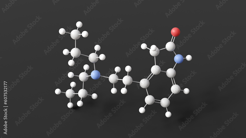 ropinirole molecule, molecular structure, antiparkinsonian agents, ball and stick 3d model, structural chemical formula with colored atoms ropinirole molecule, molecular structure, antiparkinsonian agents, ball and stick 3d model, structural chemical formula with colored atoms