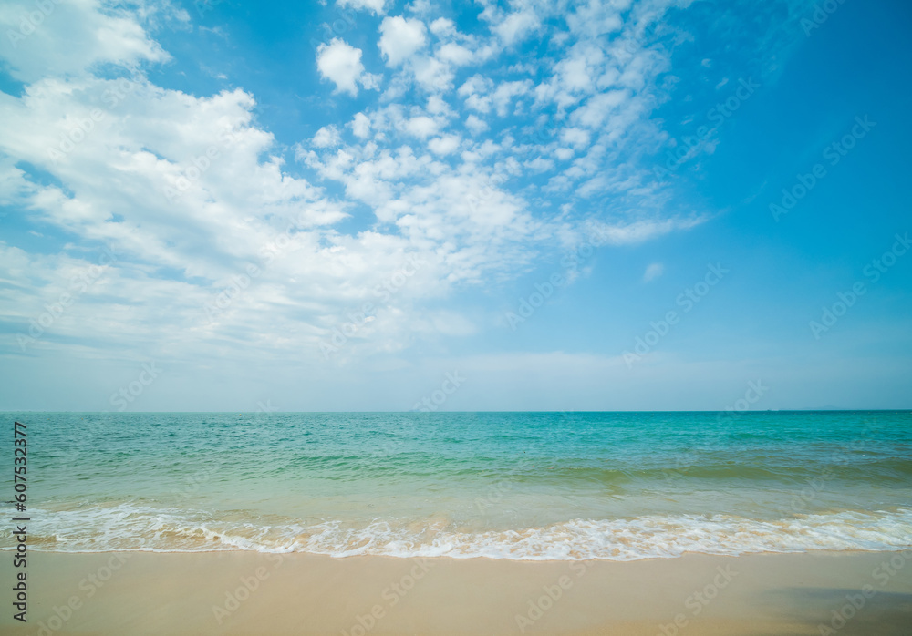 Fototapeta premium Beautiful Landscape summer panorama front viewpoint tropical sea beach white sand clean and blue sky cloud background calm Nature ocean wave water travel at Sai Kaew Beach travel in thailand Chonburi