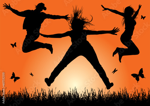 happy energetic woman silhouettes jumping into the air (vector)
