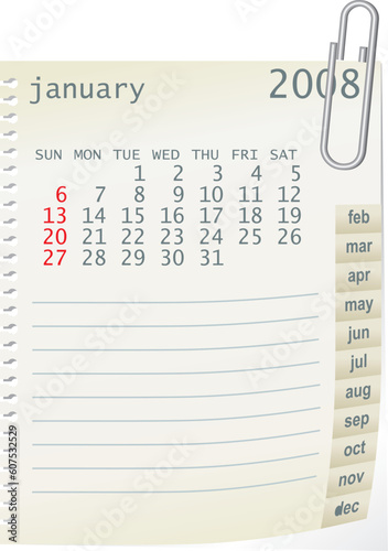 2008 calender whith a blanknote paper - vector illustration photo