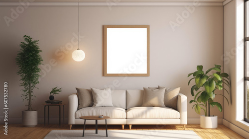 Mock up picture frame on wall in modern boho interior living room. Generative ai © Sattawat