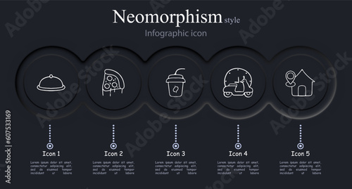 Food delivery concept. Fast, convenient, and delicious meals delivered to your doorstep. Wide variety of cuisines, fresh ingredients, quick service. Neomorphism style. Vector line icon for Business