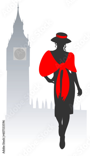 Stylized romantic woman on a background of Big Ben.