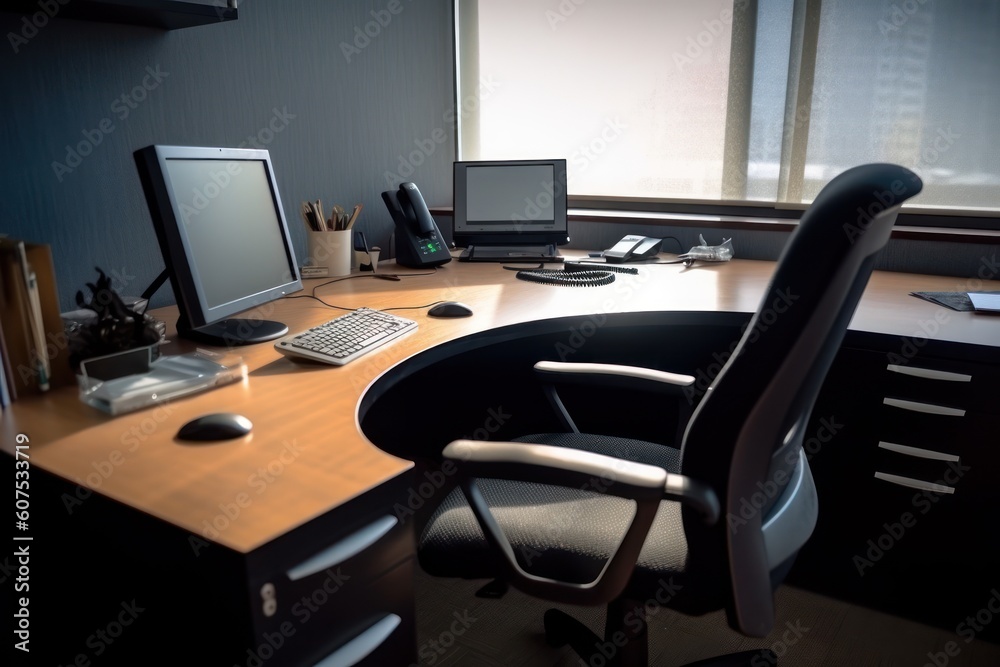 stock photo of office table in cubicle desk and stuff tools equipment photography Generative AI stock photo of office table in cubicle desk and stuff tools equipment photography Generative AI
